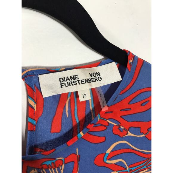 Diane von Frurstenberg 100% Silk Dress Eldsen Blue Red Floral Print Long Sleeve - Picture 3 of 11